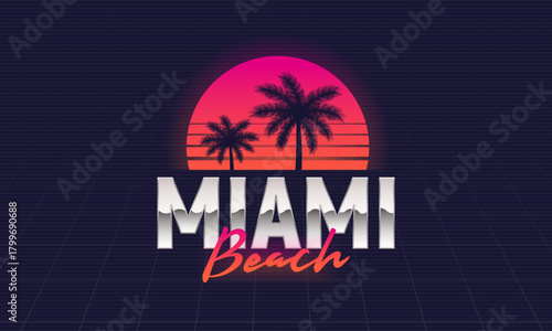 Miami Beach retro neon logo. Miami Beach 80's logo design with Beach palm and retro sun. Vector illustration