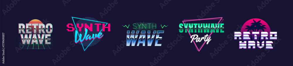 Fototapeta premium Retrowave, Synthwave neon logo set. 5 logo templates for music, party invitation designs. Vector illustration