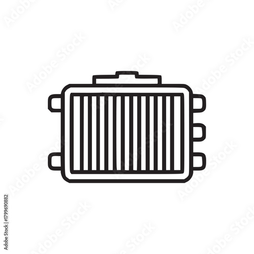 A simple black and white line drawing of a radiator with vertical fins and side attachments shown