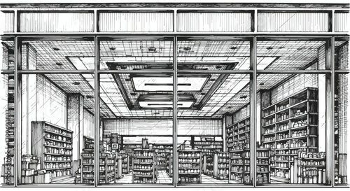 Architectural interior rendering of a bookstore with high shelving, grid ceiling, stacked vertical displays, and immersive literary retail space arrangement.