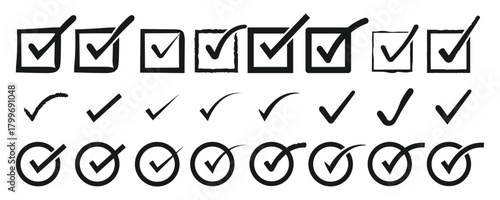 Right tick mark icon set. Yes square box x vector, flat hand drawn sketch doodle brush marker correct symbol circle. Vector Illustration , right check mark