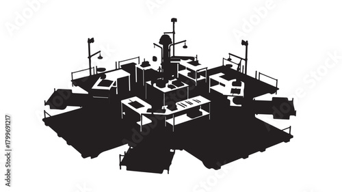 Unique black and white isometric view of a laboratory space with tables and scientific equipment, perfect for illustrating research, innovation, or abstract concepts in a modern style