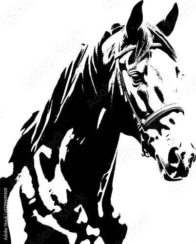 A dynamic black silhouette of a horse  exuding grace and strength against a clean white backdrop