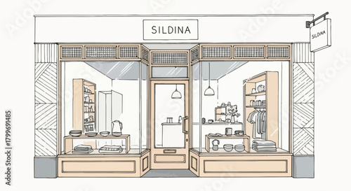 Architectural storefront drawing of a small boutique with wood panel facade, framed windows, signage banner, and neatly arranged merchandise display.