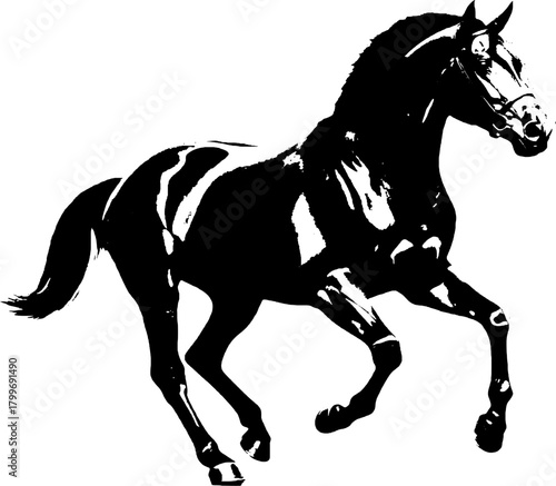 A dynamic black silhouette of a horse  exuding grace and strength against a clean white backdrop