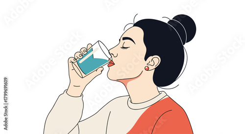 A young woman drinks a refreshing glass of water on a hot summer day.