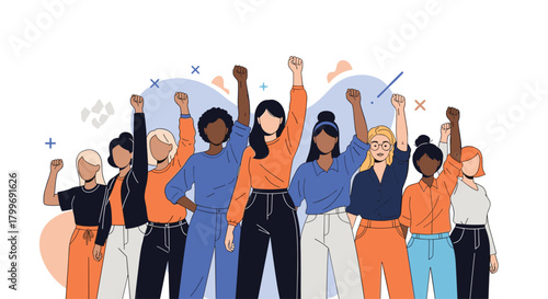 Diverse group of women united raising their fists in solidarity and empowerment.