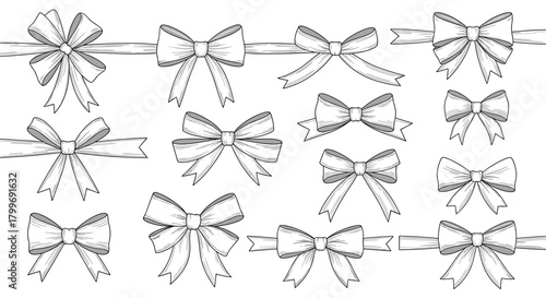 A collection of hand-drawn festive ribbons and decorative bows on a white background for crafting and design.