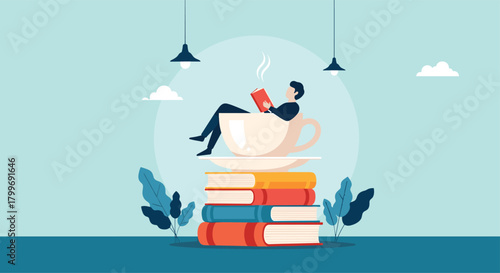 A person enjoying a good book while relaxing in a giant coffee cup atop a stack of books.