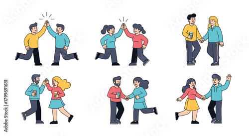 Diverse pairs of people celebrating and holding hands in a pixel art style.