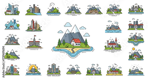 A collection of diverse miniature landscapes and environmental scenes.