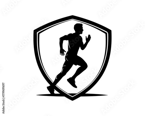 Silhouette of a running man inside a shield emblem. Dynamic vector graphic representing speed, fitness, and athletic strength, perfect for sports branding