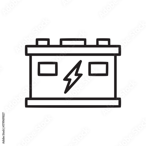 A simple line drawing of a car battery with a lightning bolt symbol on a white background isolated