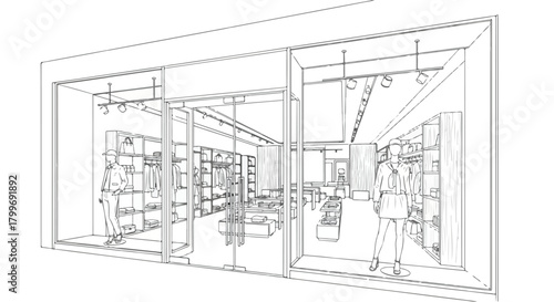 Perspective sketch of a modern boutique interior with spotlight ceiling, angled wall layout, structured shelving, and open contemporary retail navigation flow.