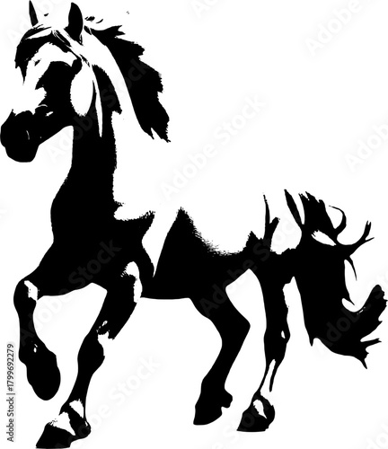 A dynamic black silhouette of a horse  exuding grace and strength against a clean white backdrop