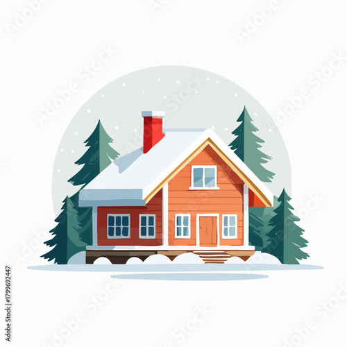 Cozy Winter Cabin in a Snowy Landscape Surrounded by Evergreen Trees in a Winter Scene