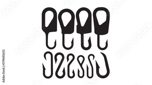 Dynamic collection of black fishing hooks and swivels creating a visually striking and versatile set for any angling project, perfect for gear design and outdoor themes