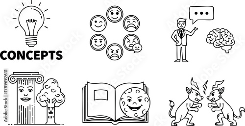 Concepts icons set with lightbulb brain emotions book devil and philosopher vector collection