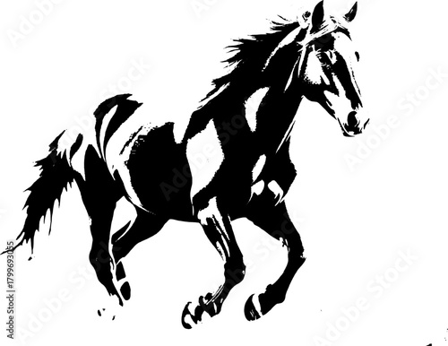 A dynamic black silhouette of a horse  exuding grace and strength against a clean white backdrop