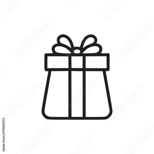 A simple line drawing of a gift box with a bow on top isolated on a white background in minimalist style