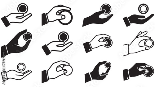 Minimal Hand Holding Coin Icon — Simple Financial Support Symbol for Payments, Donations, Microfinance and Cash Transfers