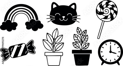 Cute cat face with rainbow, candy, potted plants, lollipop, and clock vector icons in black and white style