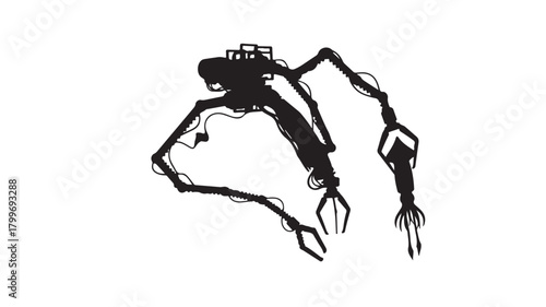 Striking silhouette of a futuristic industrial robotic arm with articulated joints and multiple grippers, poised for precise manipulation and automation in advanced manufacturing environments.