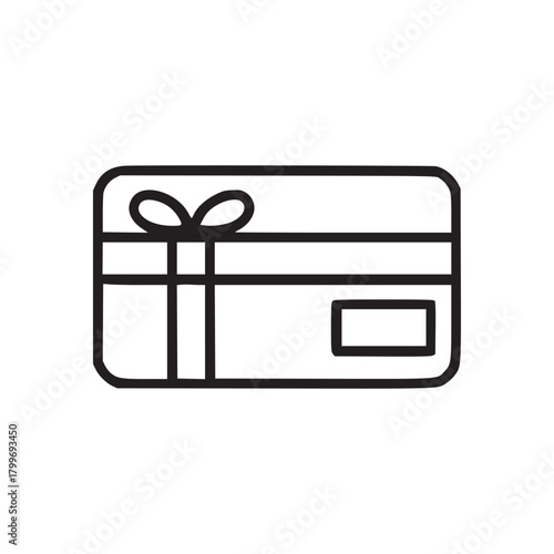 A simple line drawing of a gift card with a bow and a small rectangle on a white background