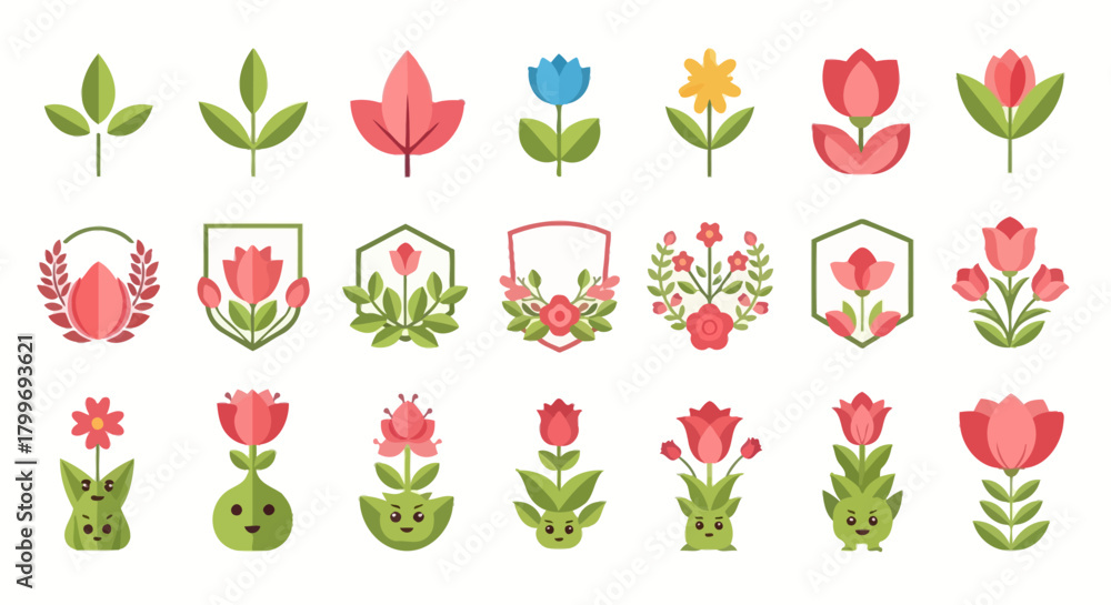 Obraz premium Collection of stylized flat-design flower, leaf, and plant icons, some with faces