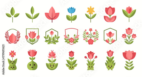 Collection of stylized flat-design flower, leaf, and plant icons, some with faces