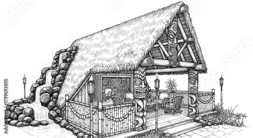 Architectural drawing of a rustic thatched-roof hut with stone base, wooden posts, and traditional countryside hospitality structure.