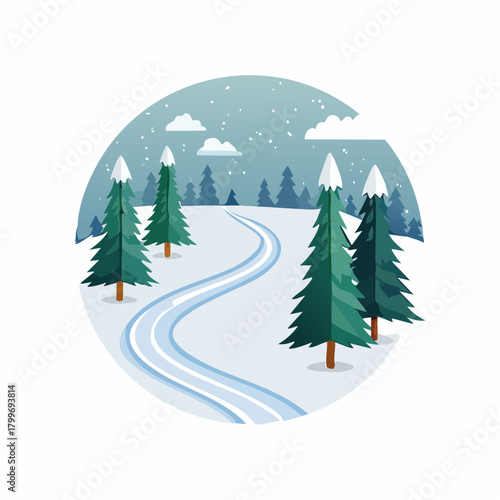 A picturesque winter wonderland illustration featuring a snowy path winding through a tranquil forest of evergreen trees under a gentle snowfall