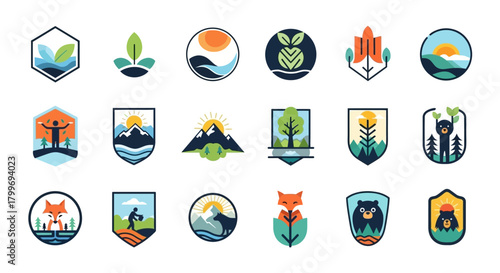 Collection of diverse flat design nature and outdoor themed icons and badges on white