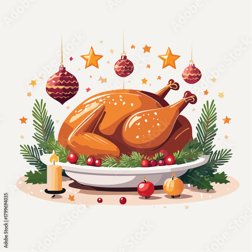 A beautifully roasted turkey sits center stage on a white platter, adorned with festive cranberries and surrounded by fresh green sprigs, beneath sparkling Christmas ornaments and a lit candle