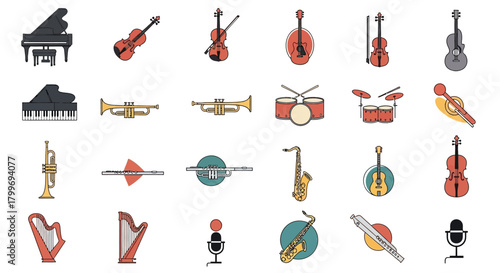 Collection of diverse musical instrument icons in a simple, flat illustration style