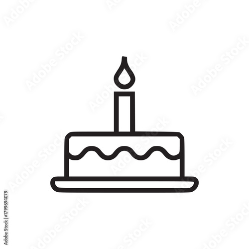 A minimalistic line drawing of a cake with a single candle on top, centered on a white background