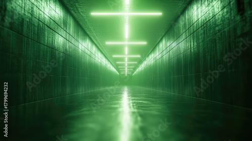 Fototapeta Naklejka Na Ścianę i Meble -  Long futuristic green glowing tunnel with neon light