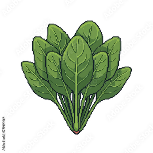 Nutrient-rich fresh spinach leaves presented in a charming pixel art style, perfect for healthy eating concepts and digital design projects that require a retro or gaming aesthetic