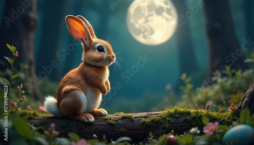Moonlit Carrot Choreography An Easter bunny s rhythmic tap dance on a mossy log under a starry night. A brown Easter bunny with expressive ears is captured mid tap dance on a gnarled, moss covered log