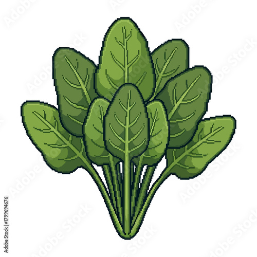 A vibrant pixel art illustration of a fresh bunch of spinach, showcasing healthy green leafy vegetables in a retro 8-bit video game style