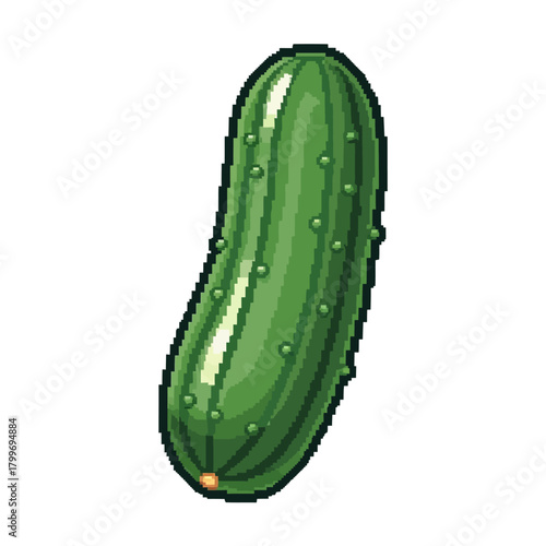 Retro pixel art style depiction of a crisp green cucumber, highlighting fresh vegetables and healthy eating concepts in a playful digital format