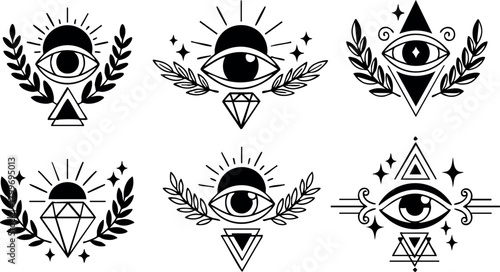 All-seeing eye mystical symbol set with geometric shapes and laurel wreaths in black vector design