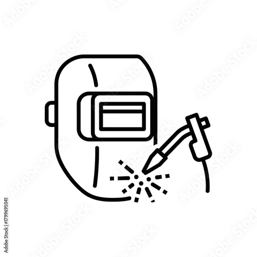 “Welding Worker Icon – Welder Helmet Line Art with Torch and Sparks Illustration”