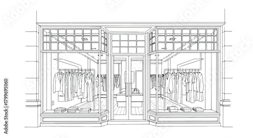 Architectural sketch of a boutique window facade with symmetrical framing, transparent glazing, clean retail layout, and refined commercial storefront styling.