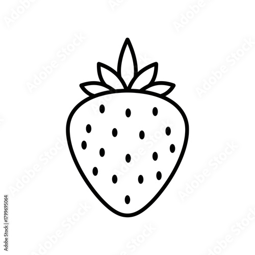 Strawberry Fruit Icon with Seeds and Green Leaves in Minimal Line Style