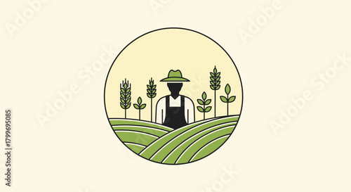 Illustration of a farmer standing in a field with crops and a circular frame.