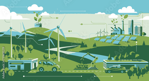 Illustration depicting sustainable energy sources, including wind turbines and solar panels.