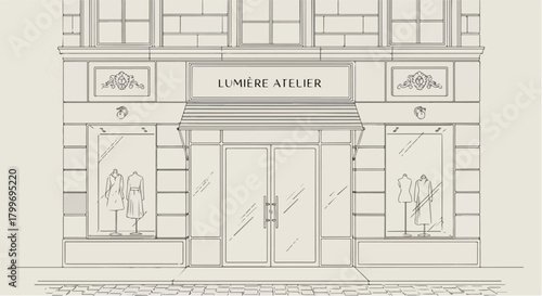 Architectural sketch of a modern boutique entrance with tall framed glazing, minimalist wall treatments, structured retail symmetry, and clean contemporary storefront aesthetics.