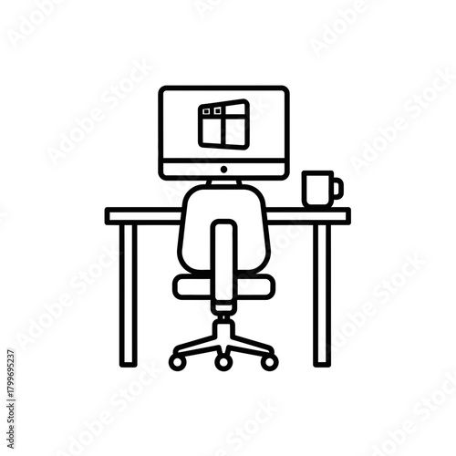 Home Office Workspace Icon with Computer Desk Chair and Coffee Cup