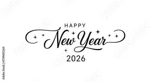 Happy New Year 2026 elegant black calligraphy text with sparkles on a white background.